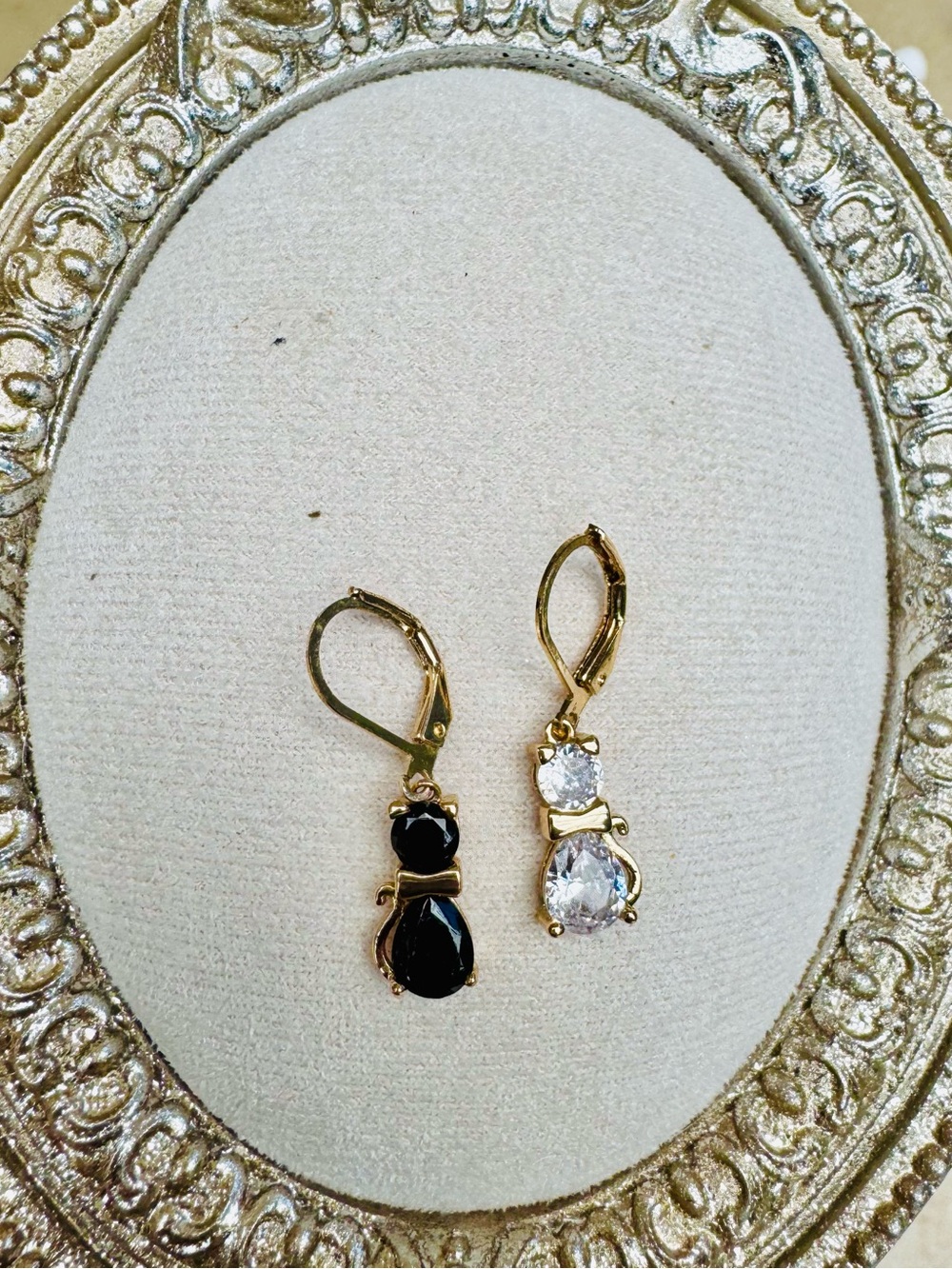 Betsey Johnson Gold Cat Drop Earrings with Black and Clear Stones